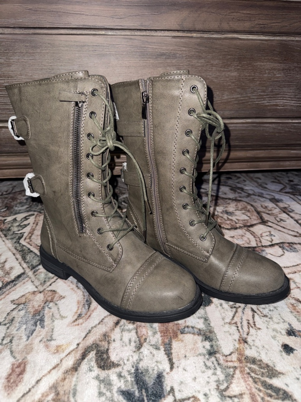 Women's Olive Lace-Up Buckle Combat Boots